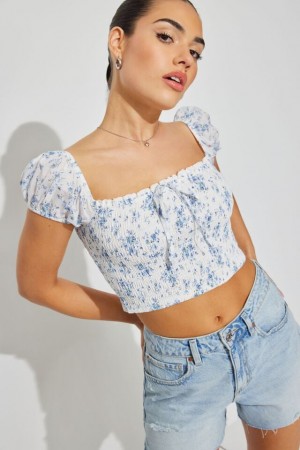 Garage Bree Smocked Short Sleeve Women T Shirts White / Blue Flower | A-1249378