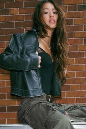 Garage Faux Leather Women Down Jackets Black | A-7394185