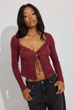 Garage Flyaway Lace Rib Women Long Sleeve Dark Red | A-1524396