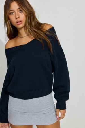 Garage High V-neck Women Sweater Blue | A-6785421