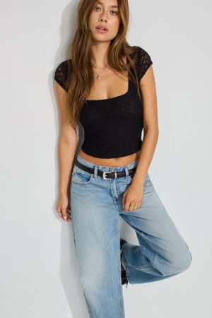 Garage Lace Portia Short Sleeve Women T Shirts Black | A-5734918