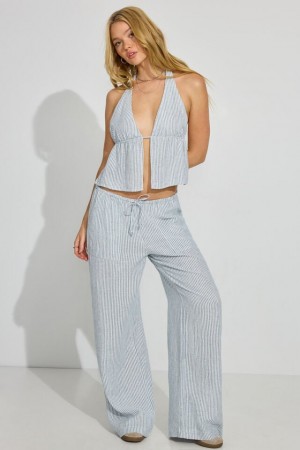 Garage Millie Linen Pull-on Women Pants Blue Stripes | A-0271348