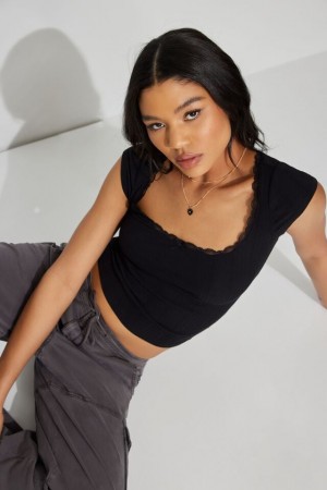 Garage Myla Scoop Neck Lace Trim Rib Women T Shirts Black | A-5012743