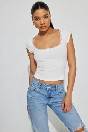 Garage Myla Scoop Neck Lace Trim Rib Women T Shirts White | A-0896415