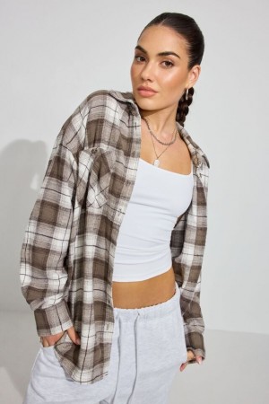 Garage Noah Plaid Button-up Women Long Sleeve Grey Brown | A-5468073