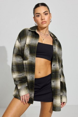 Garage Noah Plaid Button-up Women Long Sleeve Olive Green | A-7243190