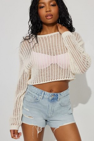 Garage Open Knit Women Sweater Light Blue Beige | A-6245701