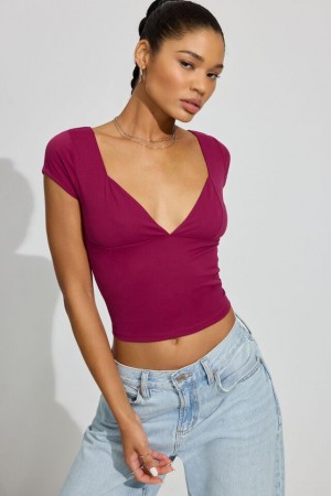 Garage Plunge Seamed Women T Shirts Purple Red | A-9245078