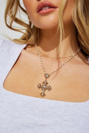 Garage Set Of 2 Pearl & Cross Rosary Women Necklaces White / Gold | A-4562139