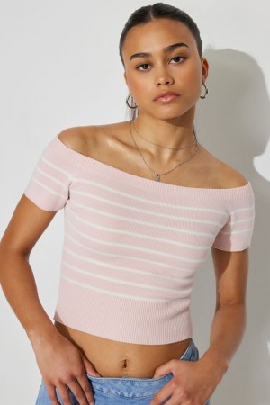 Garage Short Sleeve Off Shoulder Women Sweater Pink / White | A-3701468
