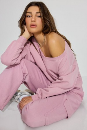 Garage Soft Terry Boxy Off Shoulder Women Sweatshirts Purple | A-2306584