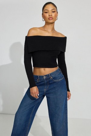 Garage Spongy Off Shoulder Women Sweater Black | A-4651832
