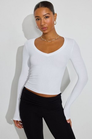 Garage Tara V-neck Women Long Sleeve White | A-8273106