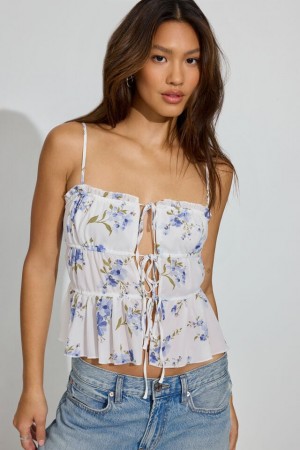 Garage Tie Front Babydoll Cami Women Tank Top White / Blue | A-6817520