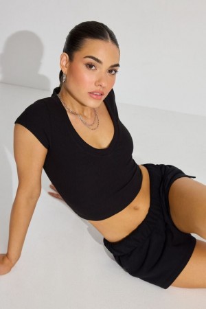 Garage V Neck Ribbed Women T Shirts Black | A-7608512