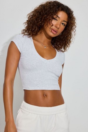 Garage V Neck Ribbed Women T Shirts Grey | A-3468529