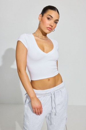 Garage V Neck Ribbed Women T Shirts White | A-3841902