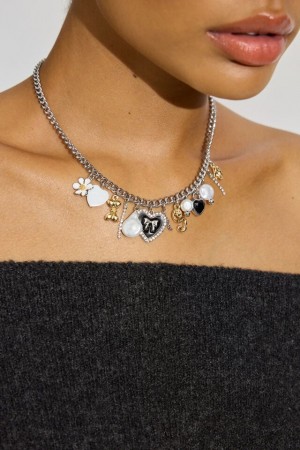 Garage Vintage Hearts & Pearls Charm Women Necklaces Black / White / Silver | A-6835270