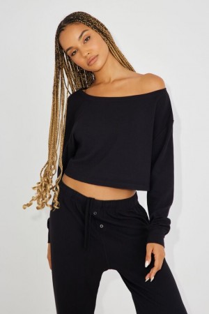 Garage Waffle Off Shoulder Women Tank Top Black | A-9401738